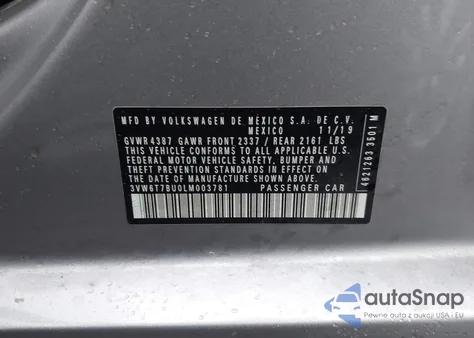 2020 Volkswagen Jetta Gli 2.0T Autobahn/2.0T S from USA, damaged, VIN 3VW6T7BU0LM003781